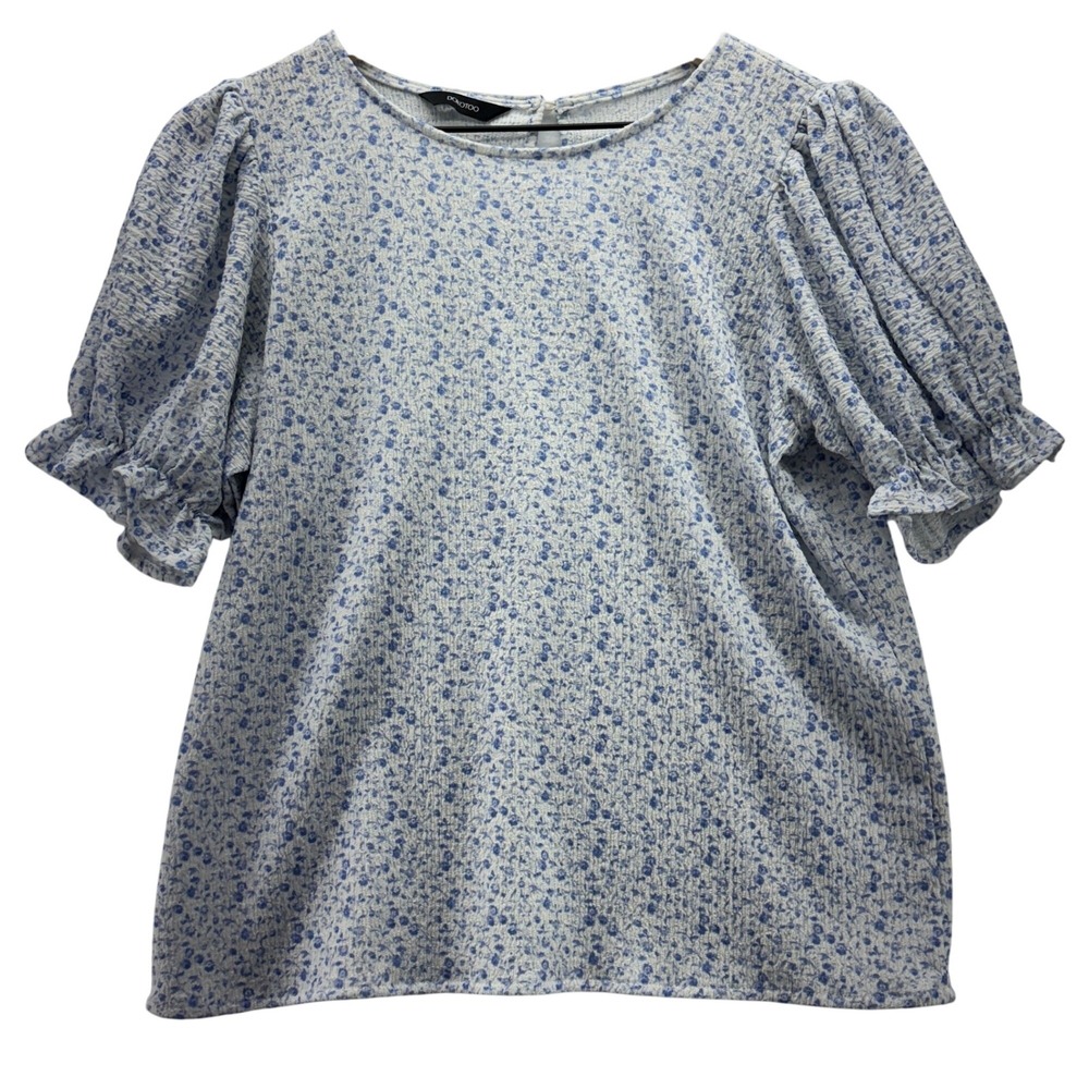 Womens Blue Floral Puff Sleeve Blouse Size Small Dokotoo Ruffle Cottagecore Top - Picture 1 of 8